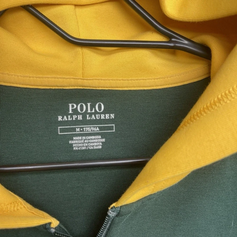 Polo Ralph Lauren Hoodie Mens Medium Colorblock Navy Blue Yellow Green Fleece